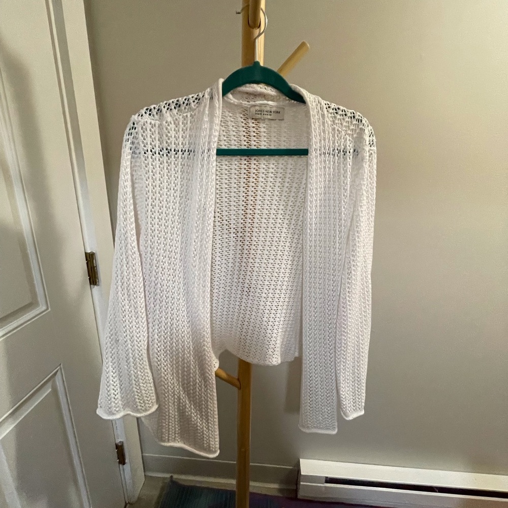Jones New York White Cardigan Sweater Lightweight Open-Knit